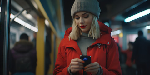 Obraz premium Connected and Content: Woman Embracing the Subway with her Cellphone