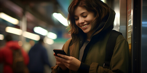 Connected and Content: Woman Embracing the Subway with her Cellphone