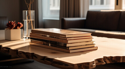 Desk with volume of new books. Edges or book stacks one on top of the other. Table with books. Office with elegant, luxurious and minimalist wooden table.