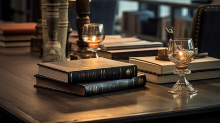 Desk with volume of new books. Edges or book stacks one on top of the other. Table with books. Office with elegant, luxurious and minimalist wooden table.