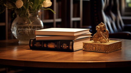 Desk with volume of new books. Edges or book stacks one on top of the other. Table with books. Office with elegant, luxurious and minimalist wooden table.