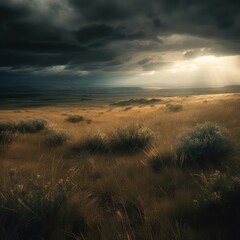 Fototapeta premium A vast, windswept grassland under a stormy sky, expansive landscape captures golden grasslands under a dramatic sky, with sunbeams piercing through dark clouds, illuminating patches of the terrain.