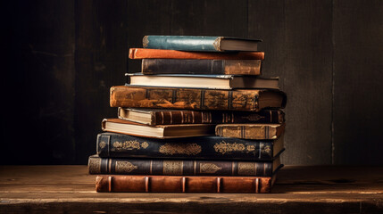 Stacks of old books. Wooden surfaces with old books placed on top of each other.