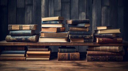 Stacks of old books. Wooden surfaces with old books placed on top of each other.