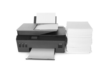 Modern printer and stack of paper on white background