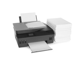 Modern printer and stack of paper on white background