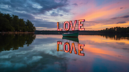 Word love with neon letters illuminated and reflected in a natural landscape lake with the sky in the background. Background with the word love modern, elegant, minimalist.