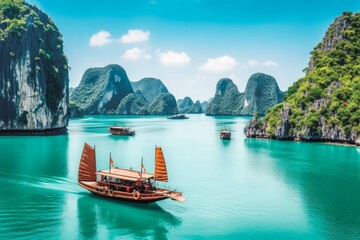 Ha Long Bay Vietnam travel destination. Tour tourism exploring. - obrazy, fototapety, plakaty