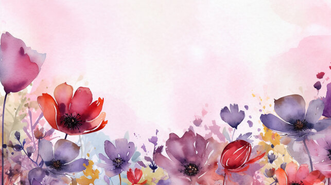 Frames of colorful flowers in watercolor. Backgrounds with flowers, plants and natural motifs in watercolor. Celebrations, congratulations, romantic dates...