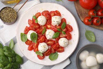 Tasty salad Caprese with tomatoes, mozzarella balls, basil and ingredients on grey background, flat lay