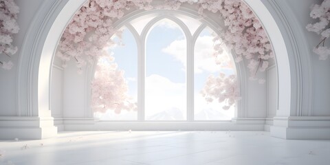 white room with arch and flowers in the wall