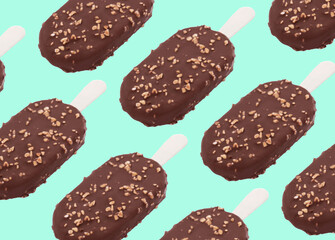 Pattern with chocolate-glazed ice cream on turquoise background