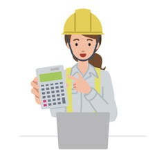 座ってデスクでノートPCを開いて電卓を指差してこちらに向けて見せている工事現場の女性