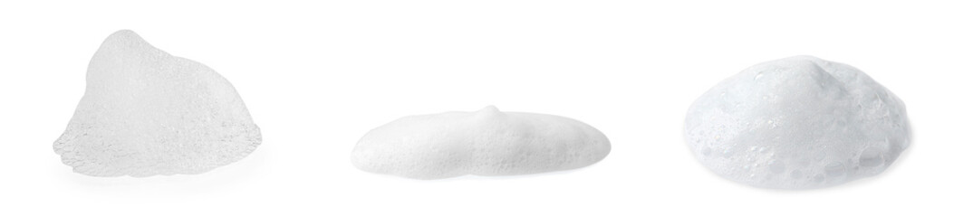 Collage with foam of cosmetic cleanser isolated on white