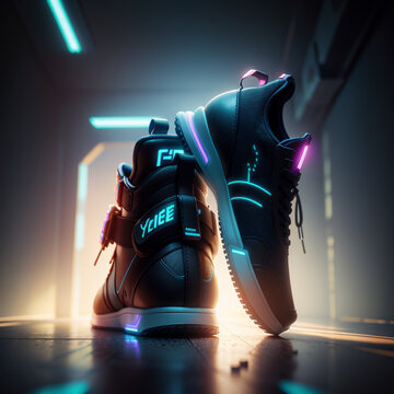h&aacute; um par de sapatos que est&atilde;o em um ch&atilde;o, neon futurista cyberpunk, Generative Ai