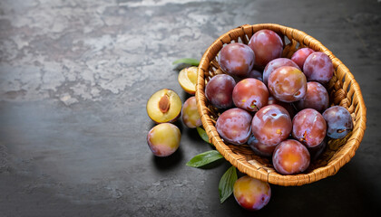 plums in basket on a dark stone background .