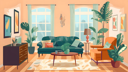 モダンでエレガントなリビングルームのイラスト No.002 | An illustration of a modern and elegant living room Generative AI