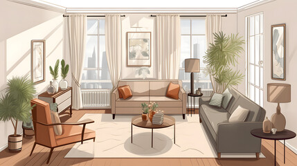 モダンでエレガントなリビングルームのイラスト No.025 | An illustration of a modern and elegant living room Generative AI