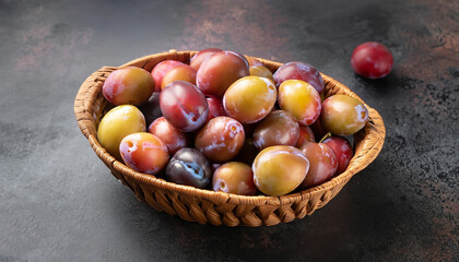 plums in basket on a dark stone background .