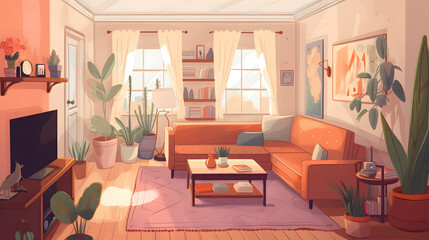 モダンでエレガントなリビングルームのイラスト No.032 | An illustration of a modern and elegant living room Generative AI