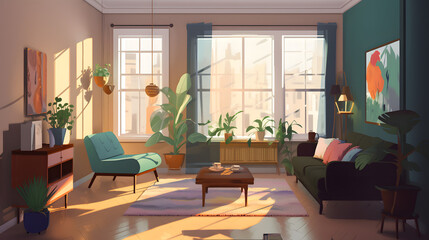 モダンでエレガントなリビングルームのイラスト No.036 | An illustration of a modern and elegant living room Generative AI