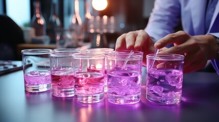 A science experiment with purple liquid in a lab. Generative AI. 