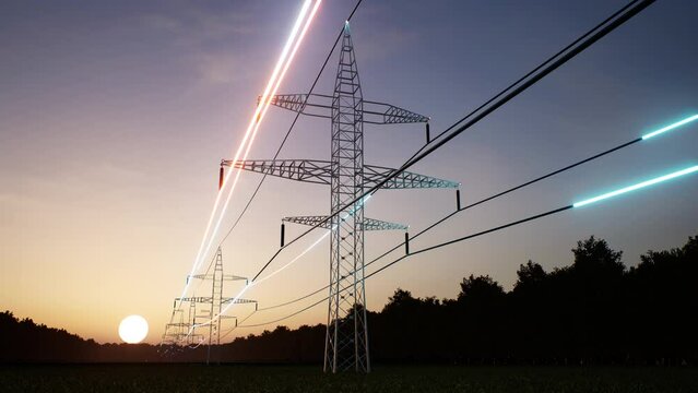 Industrial metal power tower with high voltage current flowing through wires over twilight sky horizon. Infrastructure enabling distribution of electricity, 3d render animation