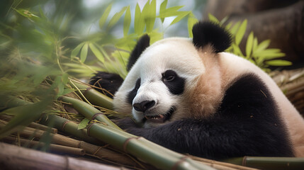 Fototapeta premium Panda bear on vacation in the pool, on the beach and in the forest. Panda sunbathing on deck chair. Panda sleeping in a tree. Panda swimming in a pool.