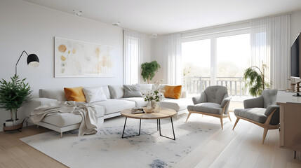 Fototapeta na wymiar モダンでエレガントなリビングルームのイラスト No.053 | An illustration of a modern and elegant living room Generative AI