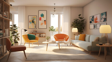 Fototapeta na wymiar モダンでエレガントなリビングルームのイラスト No.096 | An illustration of a modern and elegant living room Generative AI