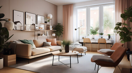 Fototapeta na wymiar モダンでエレガントなリビングルームのイラスト No.100 | An illustration of a modern and elegant living room Generative AI