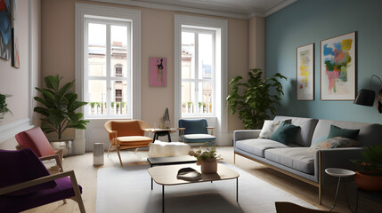 Fototapeta na wymiar モダンでエレガントなリビングルームのイラスト No.107 | An illustration of a modern and elegant living room Generative AI