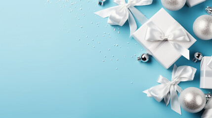 Backgrounds of elegant gifts, white, silver and light blue. Backgrounds of beautiful Christmas gifts.