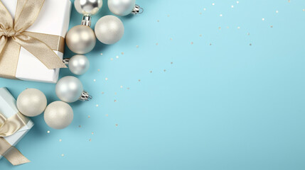 Backgrounds of elegant gifts, white, silver and light blue. Backgrounds of beautiful Christmas gifts.