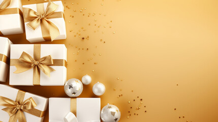 Obraz na płótnie Canvas Elegant golden gifts backgrounds. Backgrounds of beautiful Christmas gifts.