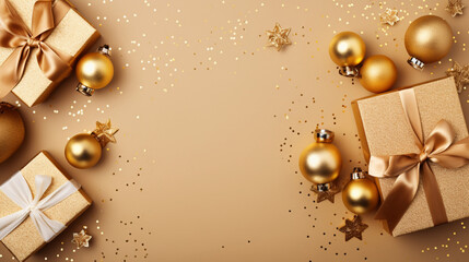 Elegant golden gifts backgrounds. Backgrounds of beautiful Christmas gifts.