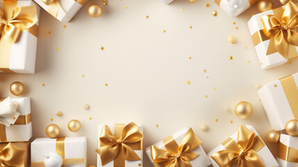 Elegant golden gifts backgrounds. Backgrounds of beautiful Christmas gifts.