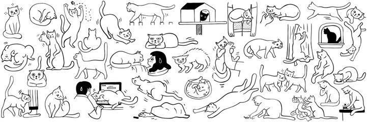 Cute character doodle illustration of cat behavior, feelings, emotions expression, actions, activities. Outline, thin line art, hand drawn sketch, black and white ink style. Big set bundle.  © jesadaphorn