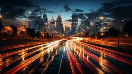 Fototapeta na wymiar A city at night with blurred motion lines. Generative AI. 