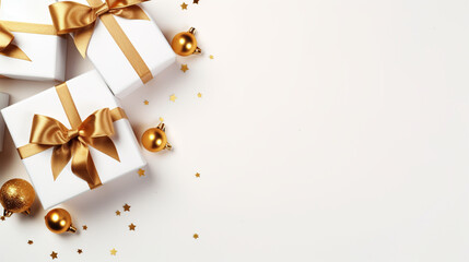 Elegant, gold and white gift backgrounds. Backgrounds of beautiful Christmas gifts.