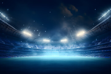 Football soccer field stadium at night and spotlight, blue light, AI generate - obrazy, fototapety, plakaty