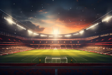 Football soccer field stadium at night and spotlight, AI generate