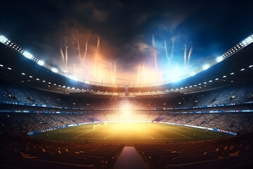 Fototapeta na wymiar Football soccer field stadium at night and fireworks, AI generate 