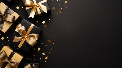 Elegant, gold and black gift backgrounds. Backgrounds of beautiful Christmas gifts.