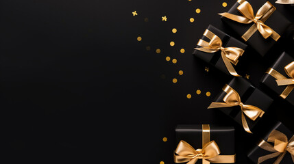 Elegant, gold and black gift backgrounds. Backgrounds of beautiful Christmas gifts.