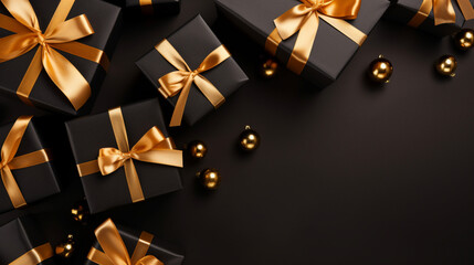 Elegant, gold and black gift backgrounds. Backgrounds of beautiful Christmas gifts.