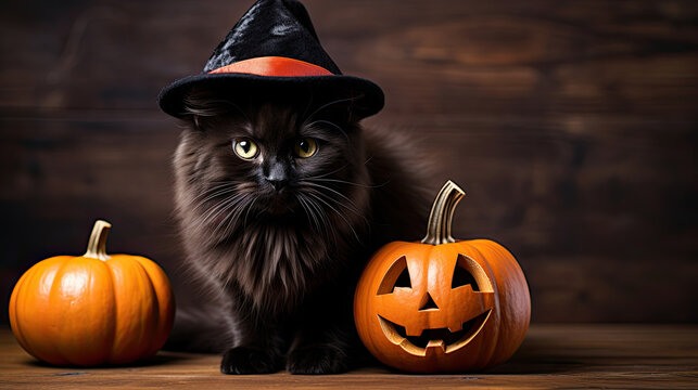 Black cat in witch hat and pumpkin halloween