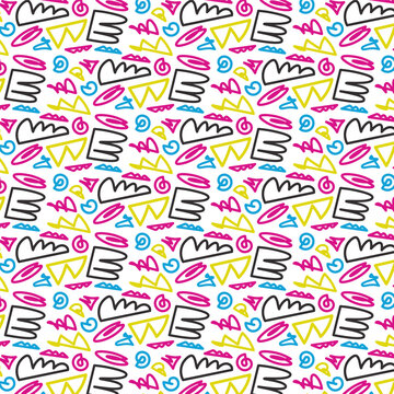 Trendy Motley Pattern With Colorful Squiggles. 90x style, graffiti style. Vector Illustration