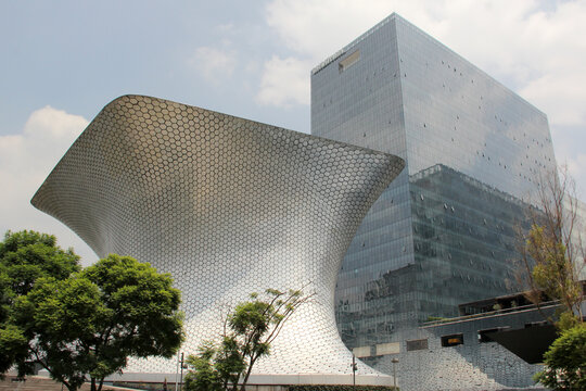 Mexico City, Mexico - Jul 19 2023: Soumaya Museum in Plaza Carso where the art collection of the Carlos Slim Foundation is conserved, protected and investigated in the Polanco area
