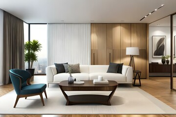 Fototapeta premium There are sofas and chairs with cushions in the modern living room including a creative wooden table with ornate items on it. Long cabinet or TV stand with vase close to white wall.